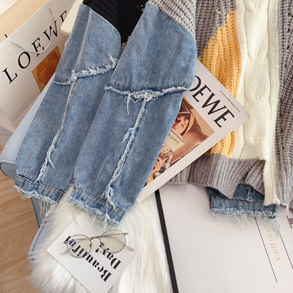 Denim patchwork long-sleeved women's sweater ED0194