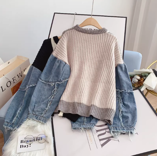 Denim patchwork long-sleeved women's sweater ED0194