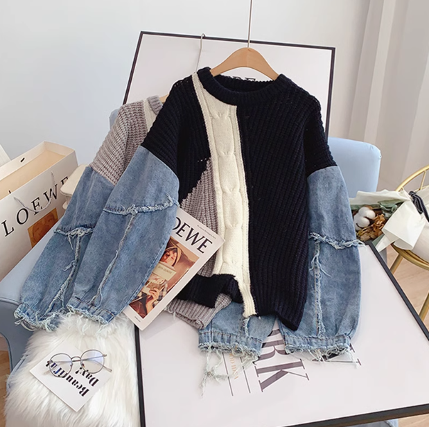 Denim patchwork long-sleeved women's sweater ED0194