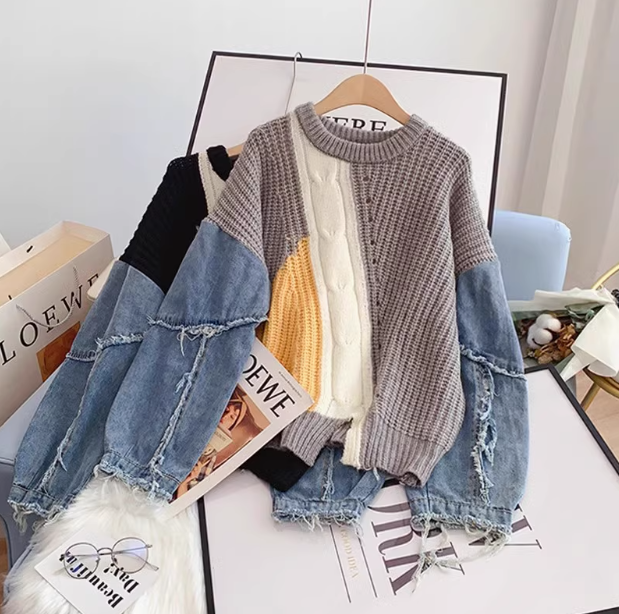 Denim patchwork long-sleeved women's sweater ED0194