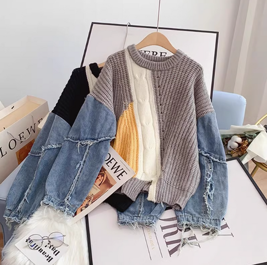 Denim patchwork long-sleeved women's sweater ED0194
