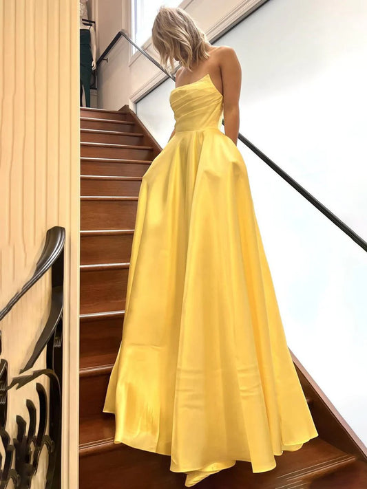 Strapless Sage Green Satin A-line Long Prom Dress With Slit Strapless Evening Dress