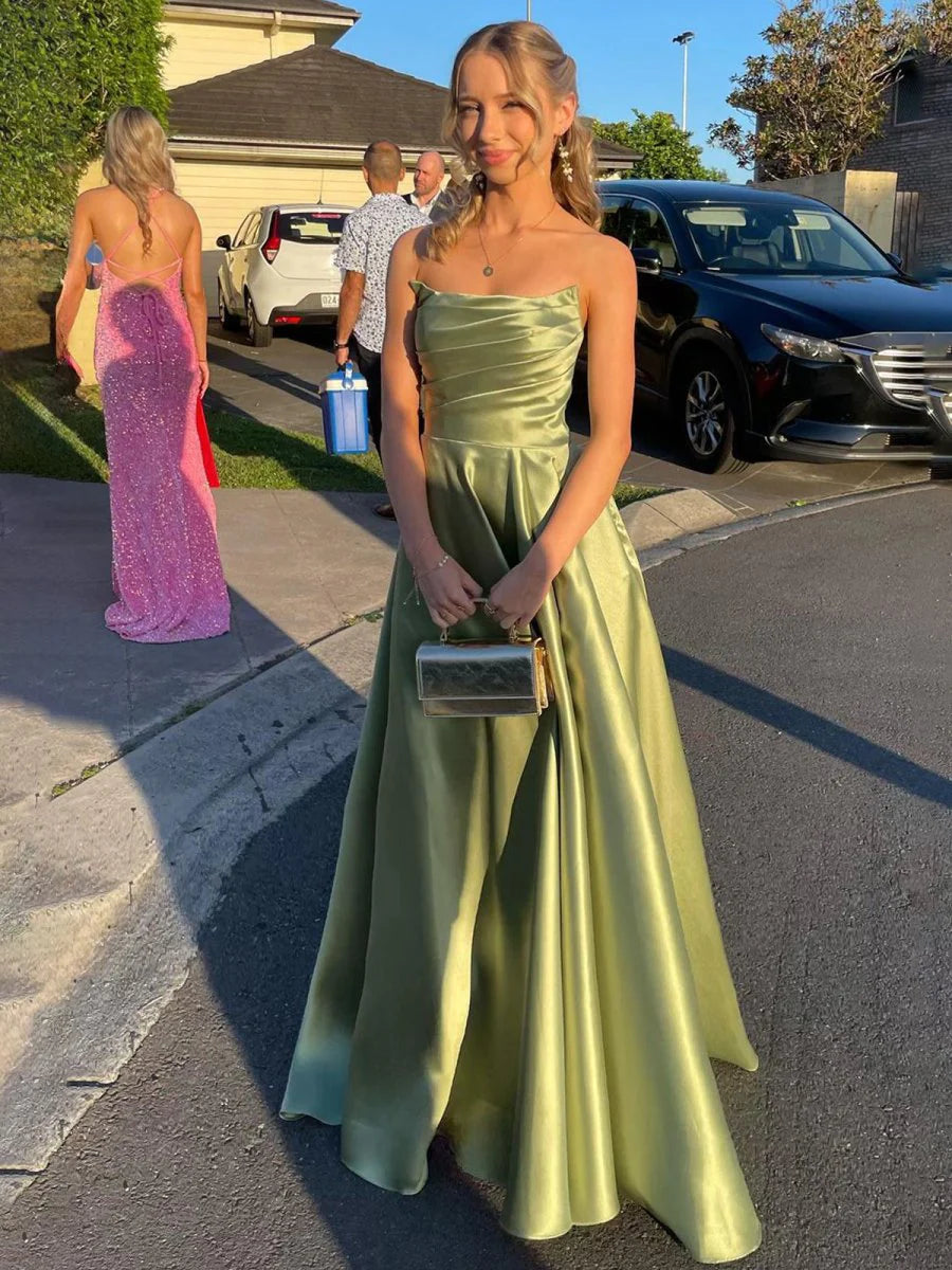 Strapless Sage Green Satin A-line Long Prom Dress With Slit Strapless – EvaFashionDress