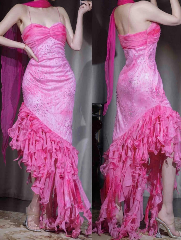 Pink Princess Style Beaded Chiffon Prom Dress for Party Glitter 90s Re –  EvaFashionDress