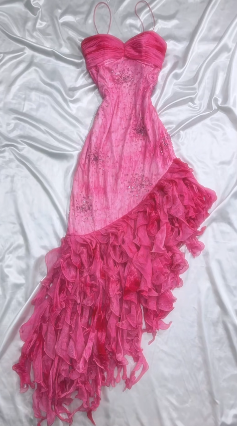 Pink Princess Style Beaded Chiffon Prom Dress for Party Glitter 90s Re – EvaFashionDress