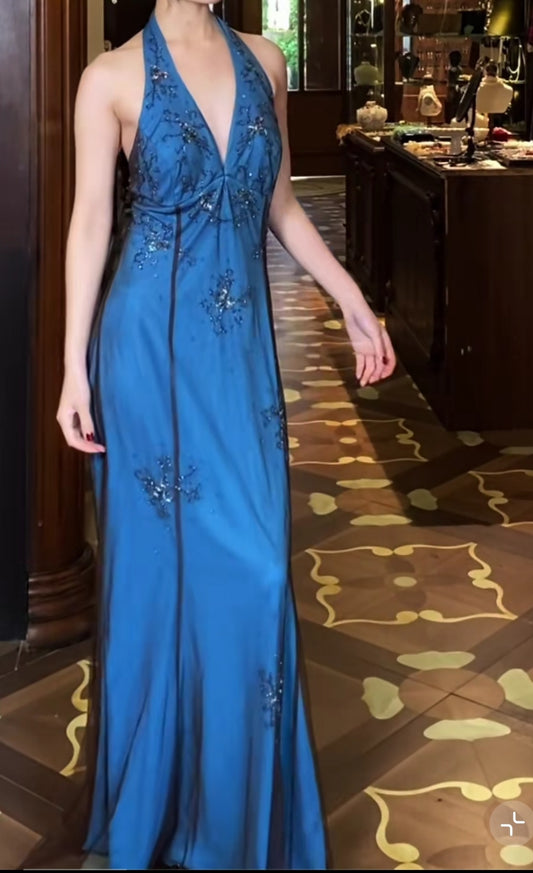 V-neck Spaghetti Straps Blue Satin outer layer black Chiffon backless intellectual Long Prom Dress with Beading