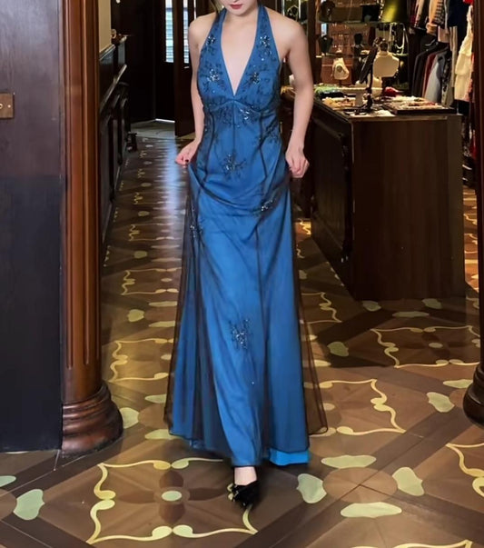 V-neck Spaghetti Straps Blue Satin outer layer black Chiffon backless intellectual Long Prom Dress with Beading