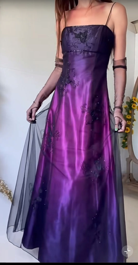 Midnight Purple Satin Long Empire High Waist Prom Dress Spaghetti Strap Beaded & Tulle Backless Evening Dress
