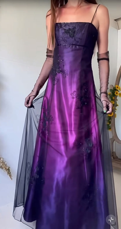 Midnight Purple Satin Long Empire High Waist Prom Dress Spaghetti Strap Beaded & Tulle Backless Evening Dress