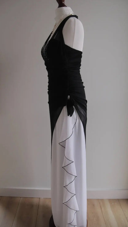 Vintage Schwarz Chiffon Perlen Hals Ballkleider Elegante Weiße Rüschen Partykleider ED01963