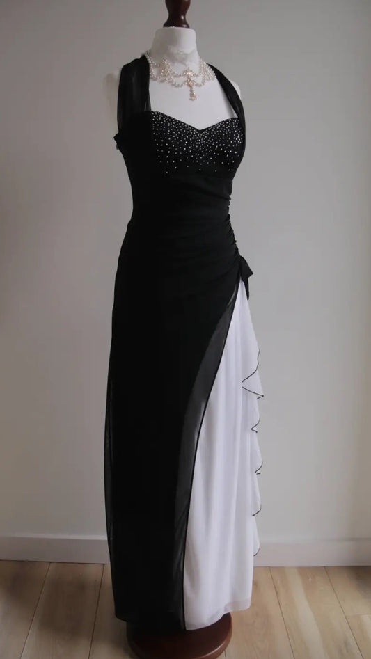 Vintage Schwarz Chiffon Perlen Hals Ballkleider Elegante Weiße Rüschen Partykleider ED01963