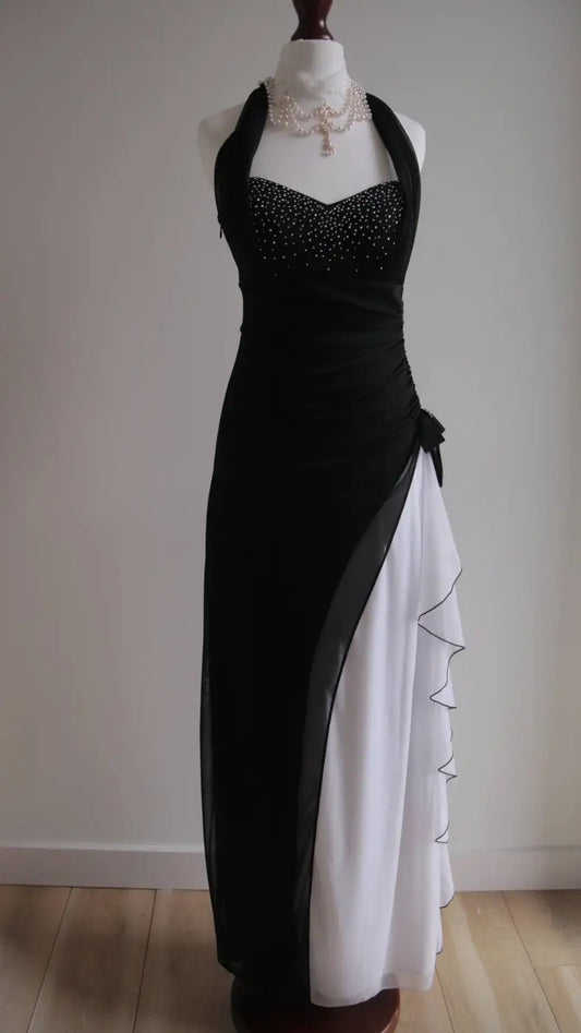 Vintage Schwarz Chiffon Perlen Hals Ballkleider Elegante Weiße Rüschen Partykleider ED01963