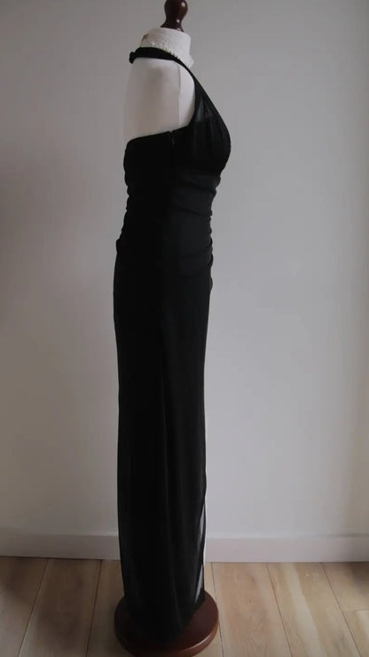 Vintage Schwarz Chiffon Perlen Hals Ballkleider Elegante Weiße Rüschen Partykleider ED01963