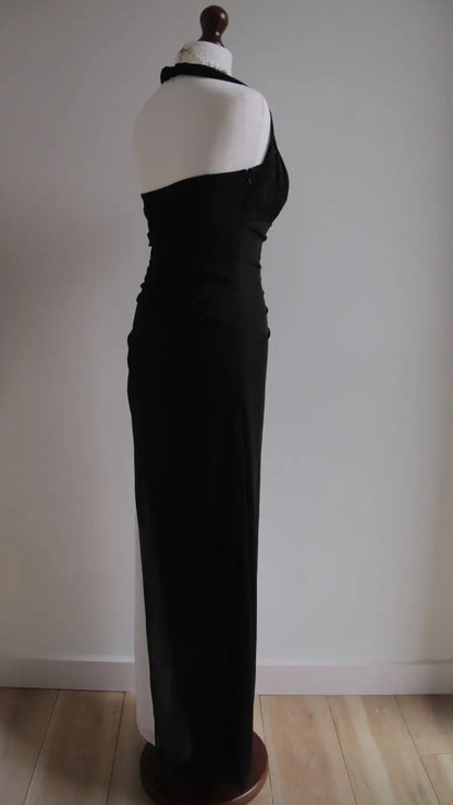 Vintage Schwarz Chiffon Perlen Hals Ballkleider Elegante Weiße Rüschen Partykleider ED01963
