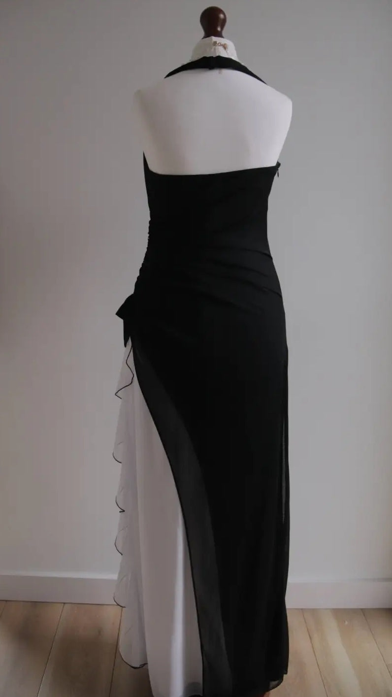 Vintage Schwarz Chiffon Perlen Hals Ballkleider Elegante Weiße Rüschen Partykleider ED01963