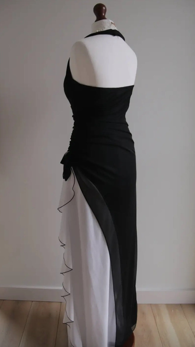 Vintage Schwarz Chiffon Perlen Hals Ballkleider Elegante Weiße Rüschen Partykleider ED01963