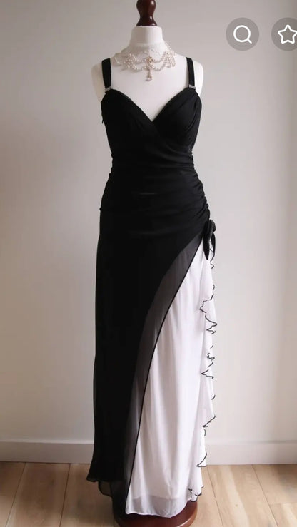 Black V-neck Chiffon Ball Dress White Ruffle Party Dress
