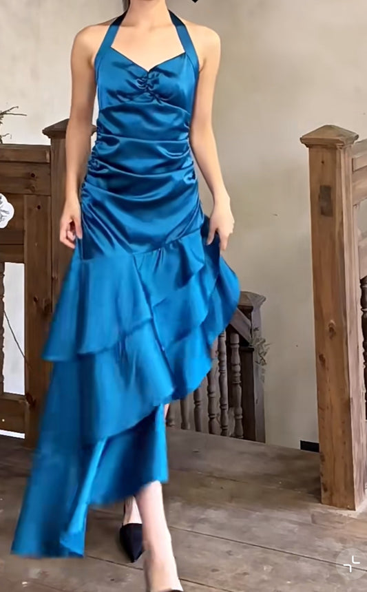 Vintage Satin Blau Neckholder Ballkleider Elegante Rüschen Rückenfreie Partykleider ED01964