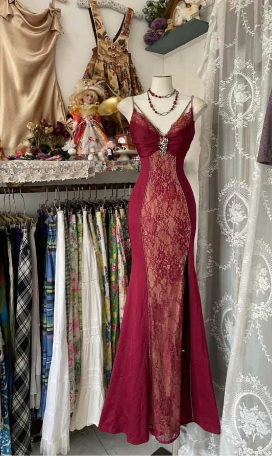 Elegant Red Satin Lace Applique Beaded Long Prom Dress Vintage Spaghetti Straps Mermaid Gowns (Under $200) ED01967