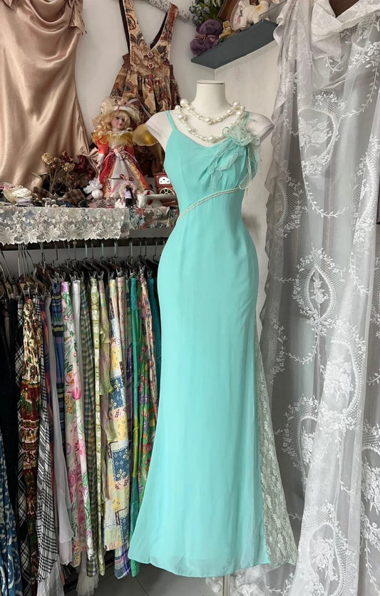 Süßes mintgrünes Spaghettiträger-Chiffon-Spitzen-Ballkleid mit figurbetontem Abschlussballkleid, elegantes Partykleid ED01969