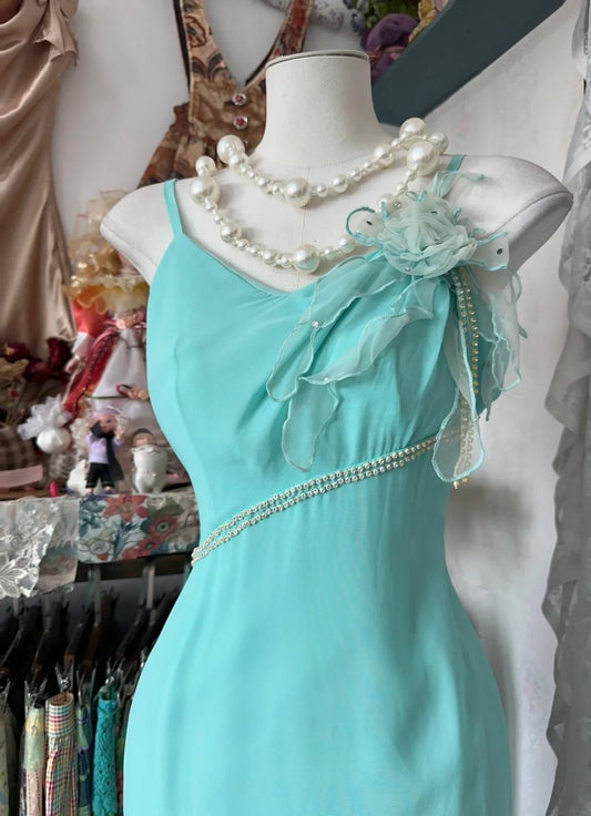 Süßes mintgrünes Spaghettiträger-Chiffon-Spitzen-Ballkleid mit figurbetontem Abschlussballkleid, elegantes Partykleid ED01969