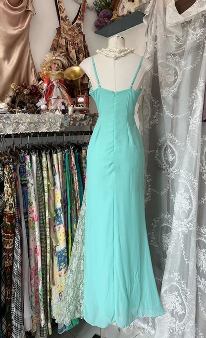 Süßes mintgrünes Spaghettiträger-Chiffon-Spitzen-Ballkleid mit figurbetontem Abschlussballkleid, elegantes Partykleid ED01969