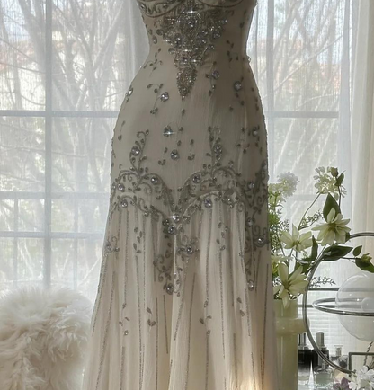 Elegant Spaghetti Straps Apricot Beaded Chiffon Mermaid Gowns Vintage Backless Prom Dress ED01970