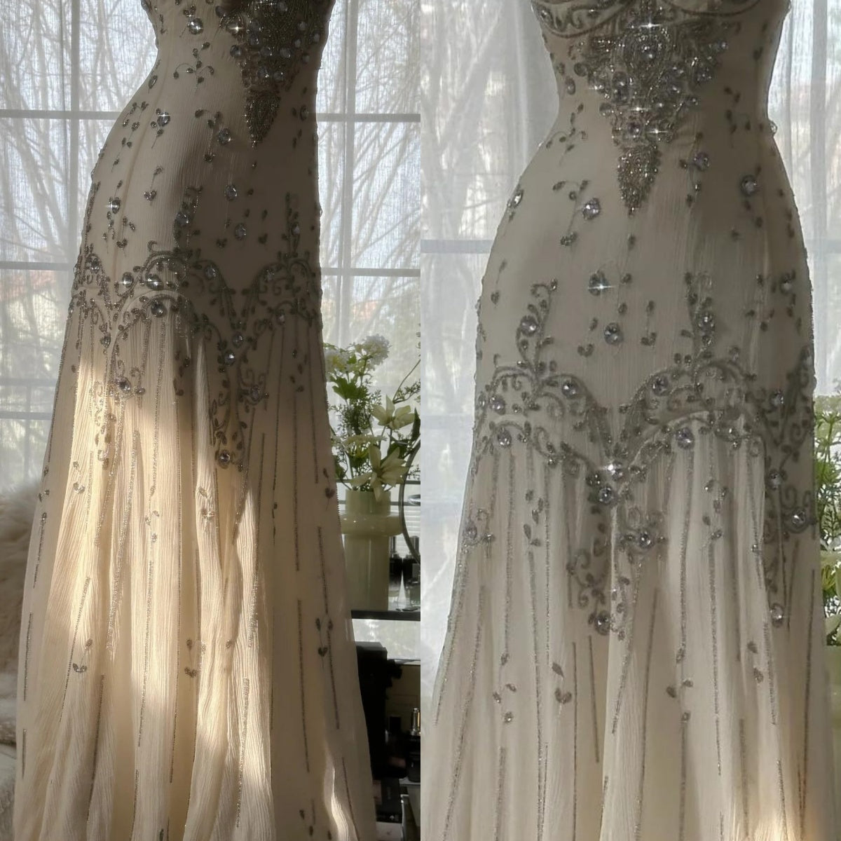 Elegant Spaghetti Straps Apricot Beaded Chiffon Mermaid Gowns Vintage Backless Prom Dress ED01970