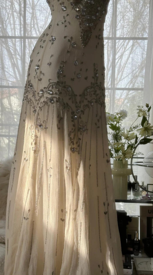 Elegant Spaghetti Straps Apricot Beaded Chiffon Mermaid Gowns Vintage Backless Prom Dress ED01970