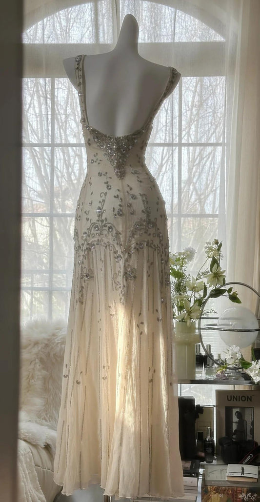 Elegant Spaghetti Straps Apricot Beaded Chiffon Mermaid Gowns Vintage Backless Prom Dress ED01970