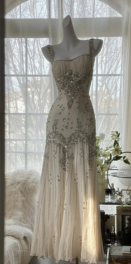 Elegant Spaghetti Straps Apricot Beaded Chiffon Mermaid Gowns Vintage Backless Prom Dress ED01970