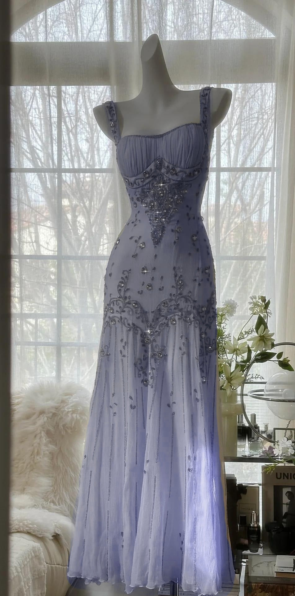 Elegant Spaghetti Straps Apricot Beaded Chiffon Mermaid Gowns Vintage Backless Prom Dress ED01970