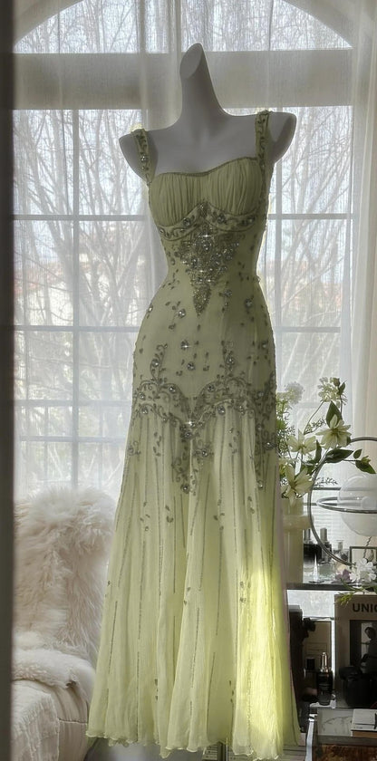 Elegant Spaghetti Straps Apricot Beaded Chiffon Mermaid Gowns Vintage Backless Prom Dress ED01970