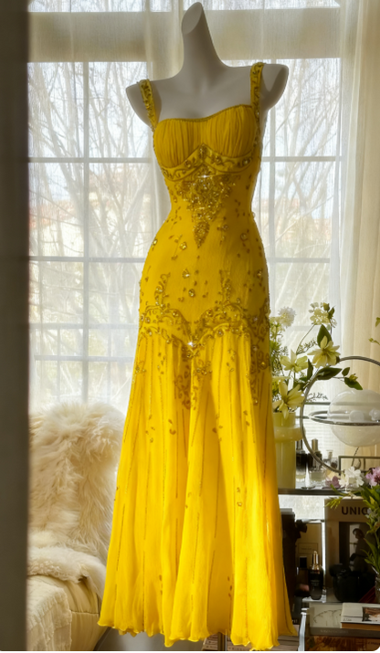 Elegant Spaghetti Straps Apricot Beaded Chiffon Mermaid Gowns Vintage Backless Prom Dress ED01970