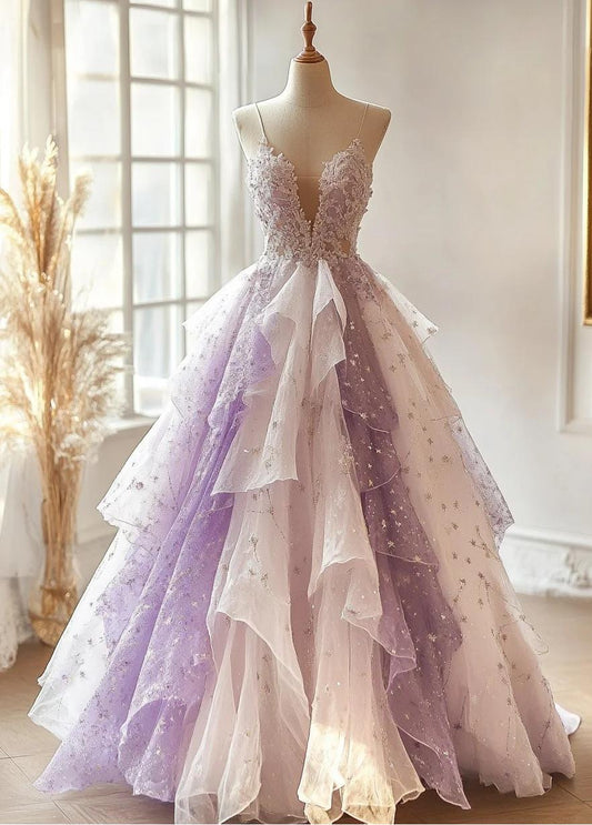 Sweet A-line Spaghetti Strap V-Neck Gradient Purple Tulle Long Prom Dresses Shiny Sequins Layered Evening  Gown ED01973