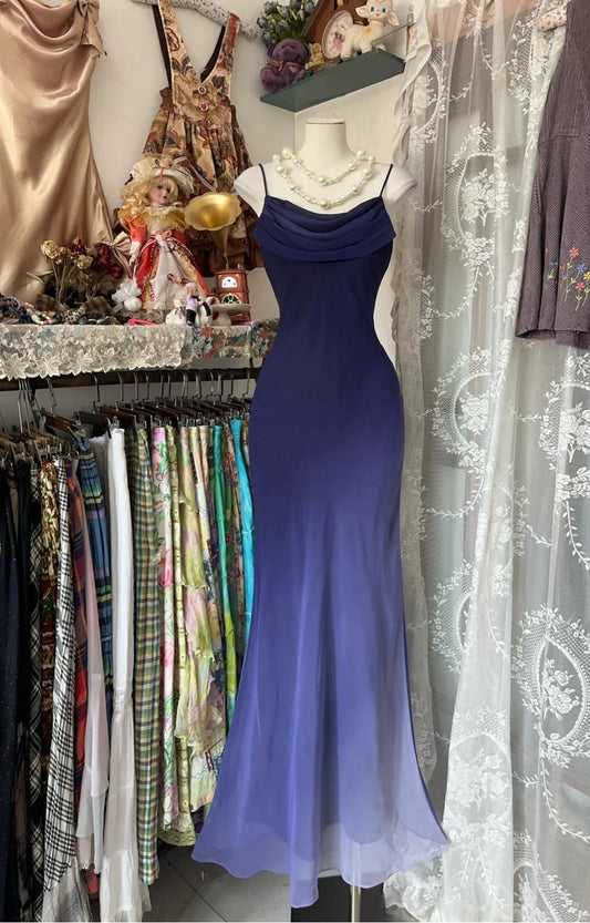 Elegant Gradient Midnight Purple Mermaid Spaghetti Strap Chiffon Long Prom Dresses Backless Evening Dress ED01974