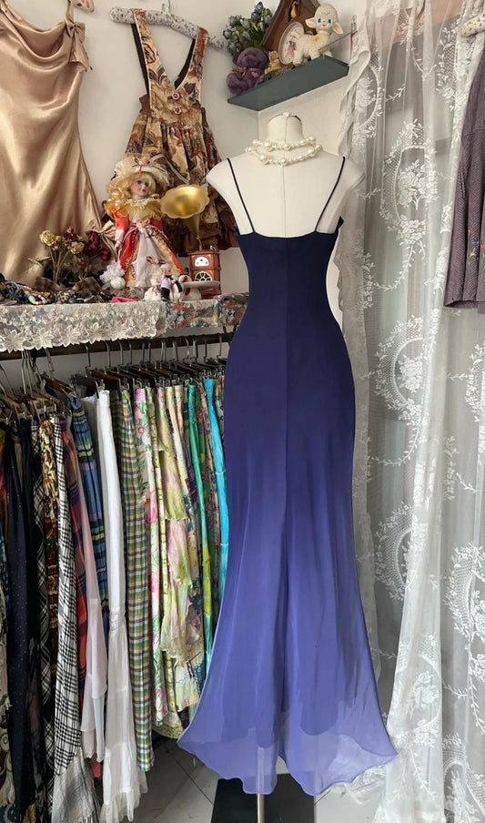 Elegant Gradient Midnight Purple Mermaid Spaghetti Strap Chiffon Long Prom Dresses Backless Evening Dress ED01974