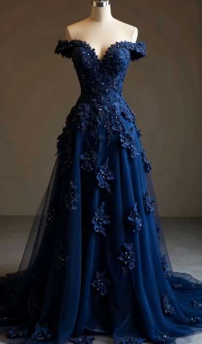 Gorgeous Red A-line Off-the-shoulder Tulle Beaded Long Prom Dress Formal Applique Evening Dress ED01977