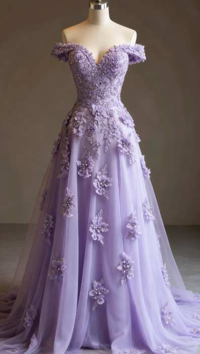 Gorgeous Red A-line Off-the-shoulder Tulle Beaded Long Prom Dress Formal Applique Evening Dress ED01977