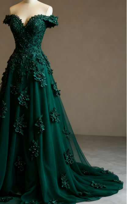 Gorgeous Red A-line Off-the-shoulder Tulle Beaded Long Prom Dress Formal Applique Evening Dress ED01977