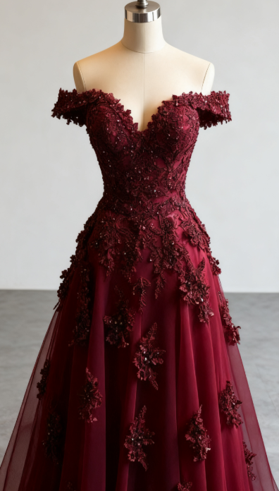Gorgeous Red A-line Off-the-shoulder Tulle Beaded Long Prom Dress Formal Applique Evening Dress ED01977