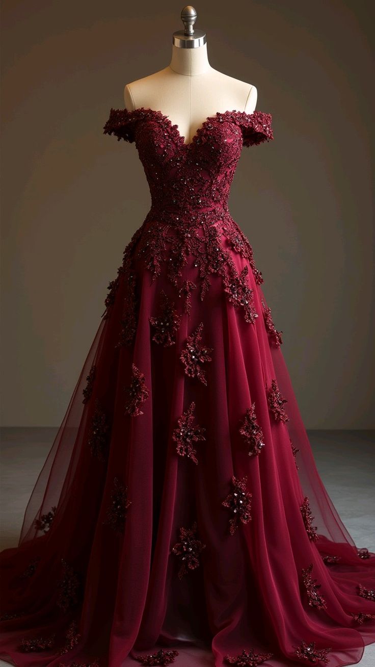Gorgeous Red A-line Off-the-shoulder Tulle Beaded Long Prom Dress Formal Applique Evening Dress ED01977