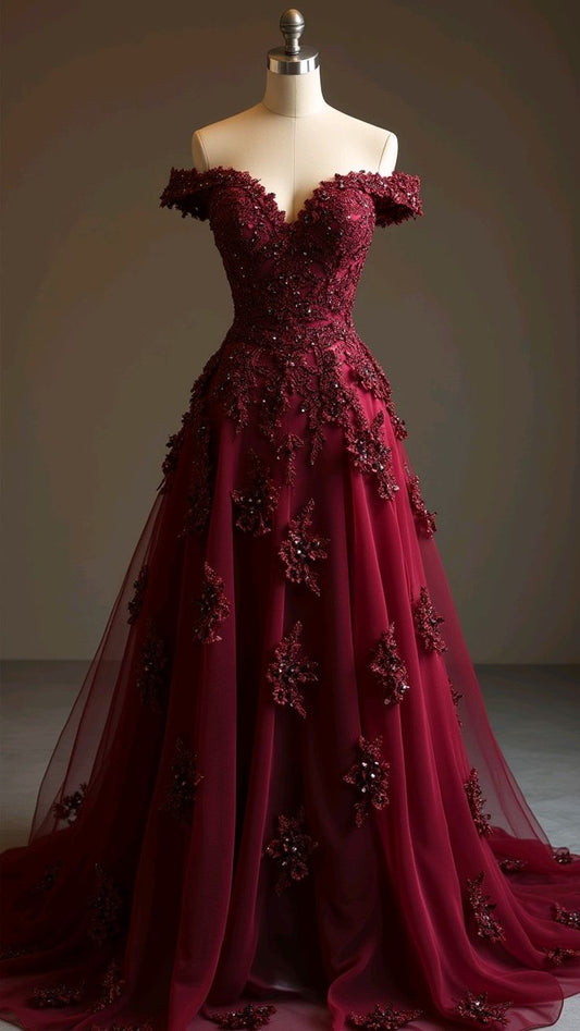 Gorgeous Red A-line Off-the-shoulder Tulle Beaded Long Prom Dress Formal Applique Evening Dress ED01977