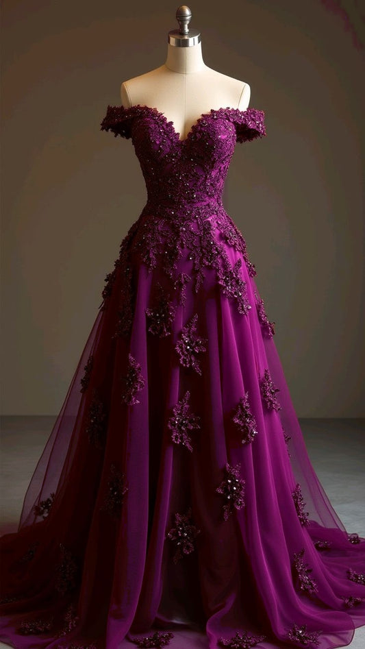 Gorgeous Red A-line Off-the-shoulder Tulle Beaded Long Prom Dress Formal Applique Evening Dress ED01977