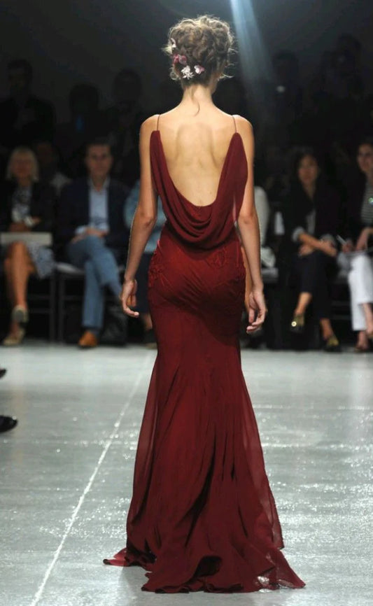Elegant Burgundy Spaghetti Straps Mermaid Backless Chiffon Long Prom Dress ED01978