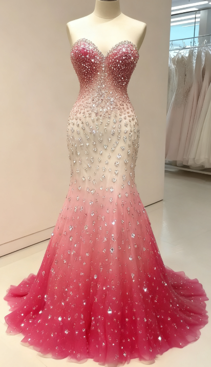 Sweet Gradient Pink Sweetheart Neck Tulle Mermaid Shiny Sequin Long Prom Dress ED01979
