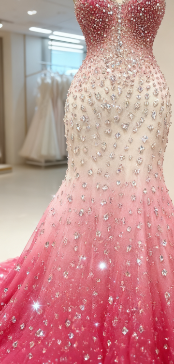 Sweet Gradient Pink Sweetheart Neck Tulle Mermaid Shiny Sequin Long Prom Dress ED01979