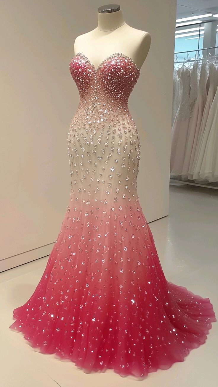 Sweet Gradient Pink Sweetheart Neck Tulle Mermaid Shiny Sequin Long Prom Dress ED01979