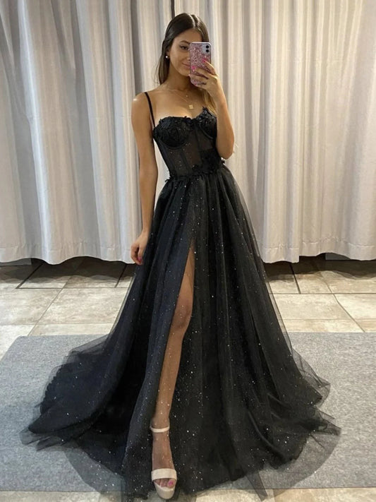Robe de soirée élégante noire trapèze en tulle et sequins, longue, bretelles spaghetti, avec traîne, ED01981