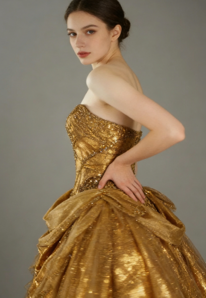 Klassisches goldenes Sweetheart-Tüll-Ballkleid mit glitzernden Perlen und formellen Abendkleidern ED01982
